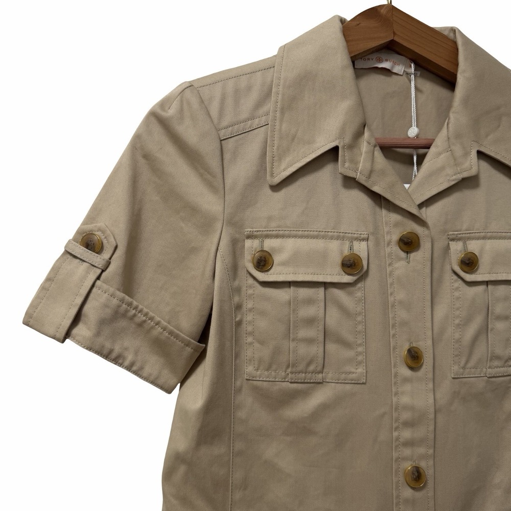 Tory Burch Womens Cotton Twill Safari Short Sleeve Collared Shirt Size 0 Khaki - Picture 3 of 8